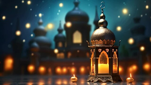 Ramadan Kareem greeting card. Ramadan lantern and mosque background, Realistic ramadan background with mosque moon stars lantern and bokeh