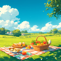 Bright Summer Day at a Park Featuring a Delightful Picnic Spread on the Ground