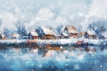 Snowflakes dance through the icy air, blanketing the quiet town in winter, bright water color