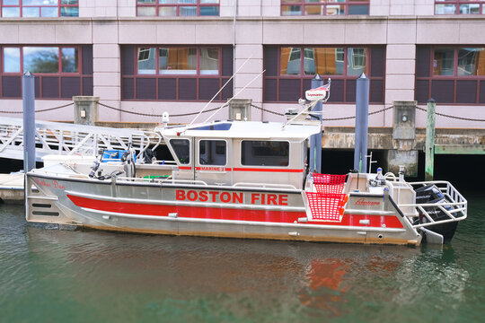 Boston, USA - 13 April 2024. Fireboat Boston moored at pier, water safety 