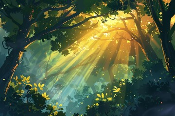Sunlight filters through forest canopies, creating a tapestry of light and leaves in a childlike drawing set draw concept