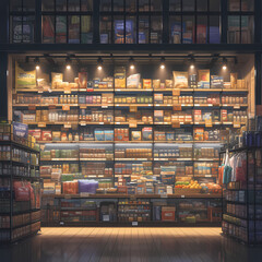 Step into a Brightly Lit Supermarket Aisle Filled with Delicious Snacks and Cups of Coffee