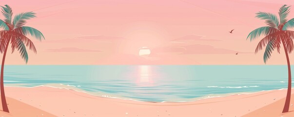 Beach with palm trees and sea with a pastel pink sky and turquoise water background cute cartoon with a minimalist style Generative AI