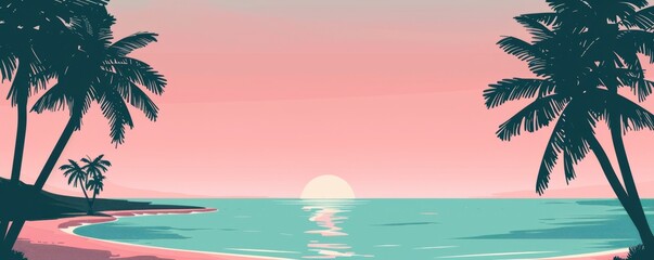 Flat design illustration of a beach with palm trees, a pink sky and a turquoise sea Generative AI