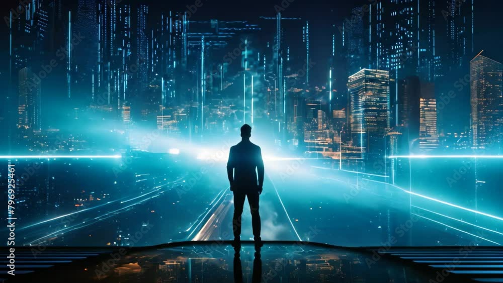 Poster back view of businessman looking at night cityscape and binary code concept, silhouette of a person 