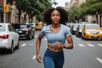 An african american woman running down a street