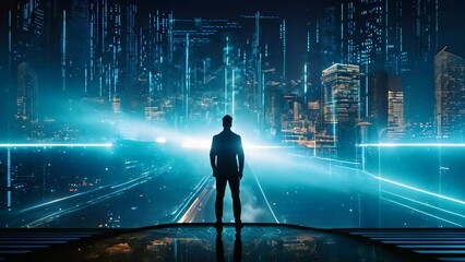 Back view of businessman looking at night cityscape and binary code concept, Silhouette of a person standing in front of a giant digital screen showing a hologram of data flows - Powered by Adobe