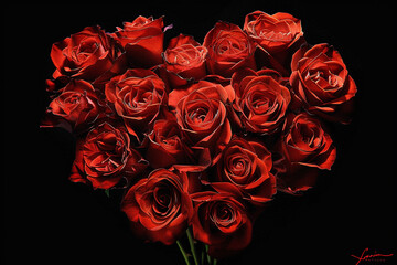 A cluster of fiery red roses arranged in a heart shape, symbolizing love and passion.
