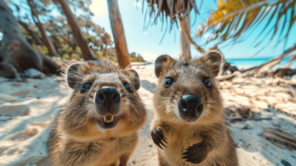 Two quokkas on a beach
