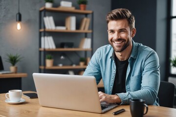Fototapeta premium Smiling male podcaster sitting in front of laptop on table at office