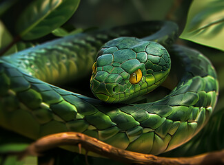 Fototapeta premium Closeup portrait of a dangerous Snake hiding in leaves, macro photography, 