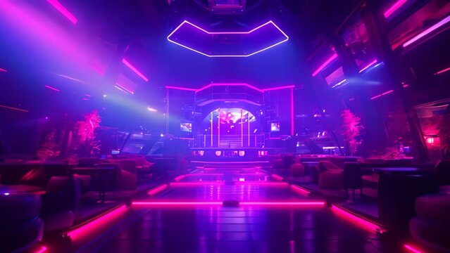 Futuristic neon interior. Night club with neon lights. 3D rendering, Stylish nightclub with neon spotlights