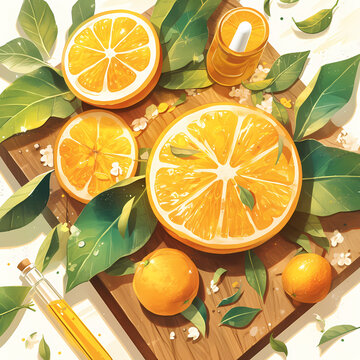 Freshly Juiced Oranges with Leaves and Spices in a Wooden Bowl - High-Quality Food Illustration for Advertising