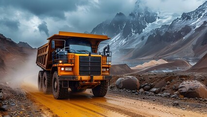 Dump truck driving on a yellow dirt road in the countryside near a sand quarry. Concept Dump Truck, Yellow Dirt Road, Countryside, Sand Quarry