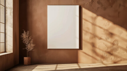A white framed picture hangs on a wall in a room with a brown wall. The room is empty and has a simple, minimalistic feel