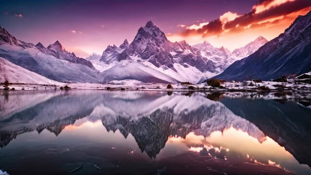Mountains reflected in the lake at sunrise, Cordillera Blanca, Peru, A mountain lake with a perfect reflection at sunrise, A beautiful landscape with a purple sky, snowy mountains