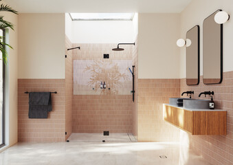 Interiors of a modern bathroom with marble tiles covered walls architecture.