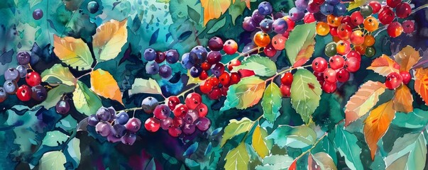 Vibrant berries form a colorful palette against the forests deep greens, kawaii water color