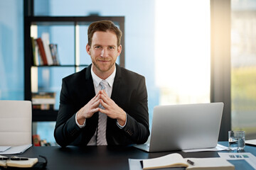Portrait, confidence and business man in office on laptop at table for corporate job in...