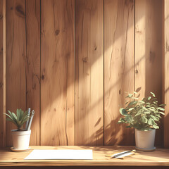 Organized workspace on wooden desk in sunny interior; natural wood paneling & greenery accent.