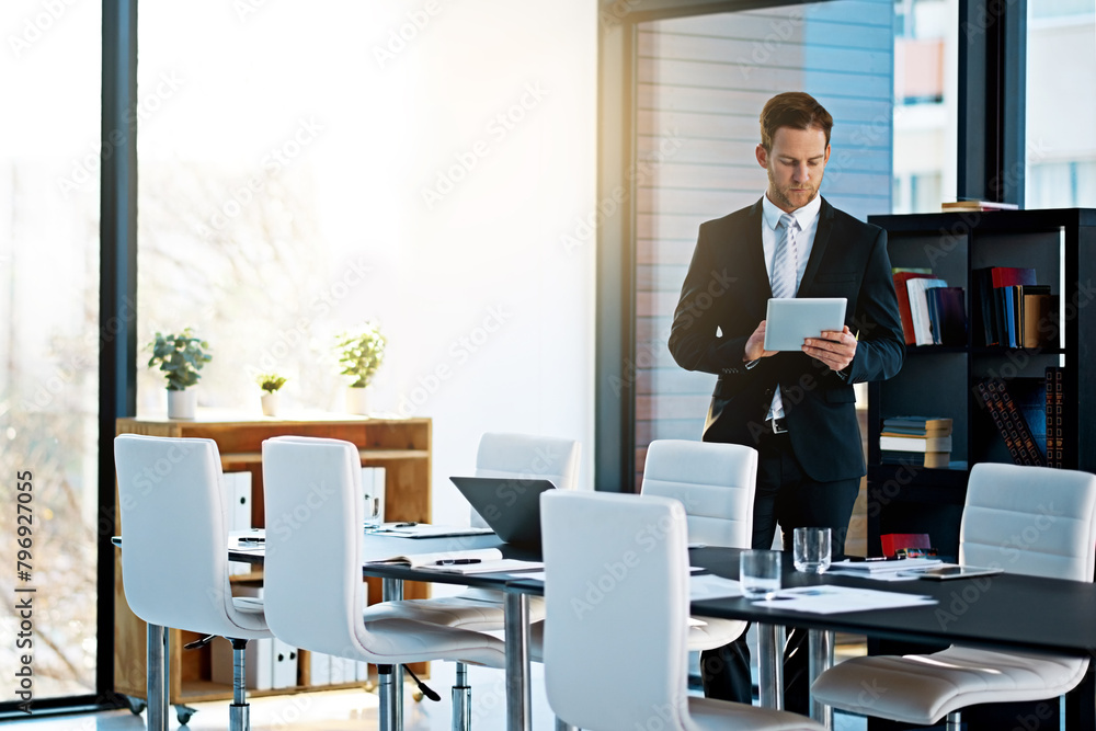 Poster business, man and tablet in boardroom for internet or search, information and networking as broker. 