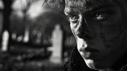 Close-up of a dirt-covered man's face in a graveyard.