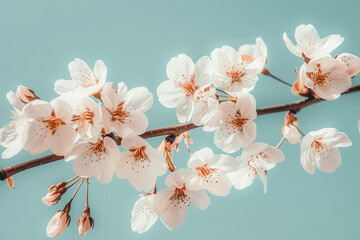 A cluster of delicate white cherry blossoms against a clear blue sky, creating a serene and peaceful atmosphere.