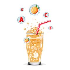Healthy orange peach oxygen cocktail with air bubbles. Isolated vector summer drink for design