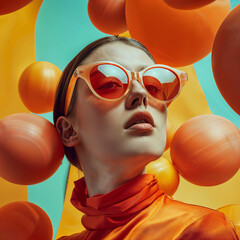 Vibrant Advertisement: Woman in Stylish Orange Outfit Amidst Glasses and Balloons, Embracing Celebration