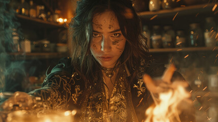 Fototapeta premium Young sorceress casting a spell with fire