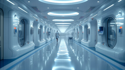 futuristic hospital corridor with cryogenic chambers, high-tech medical facility