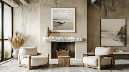 A living room with a fireplace and two white chairs. The room has a modern and minimalist design