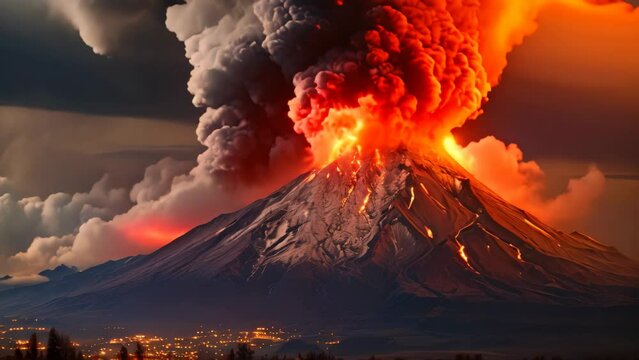 Volcanic eruption in Kamchatka, Russia, at night, Eruption of the Tolbachik volcano