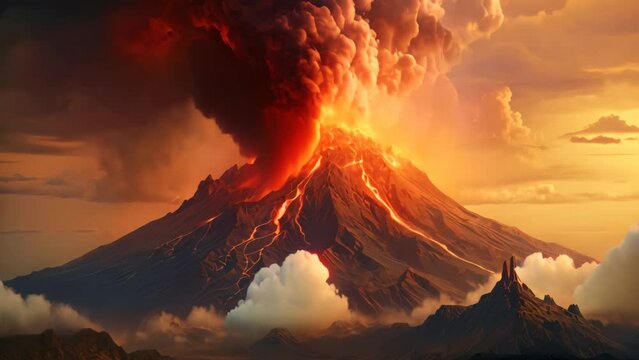 Volcanic eruption in the background of the volcano. 3d rendering, Eruption of the Tolbachik volcano