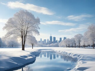 "Arctic Dream: Serene Urban Park Blanketed in Winter's Embrace"