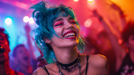 Young woman with blue hair dancing at a party - Powered by Adobe
