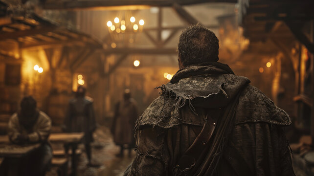 A man in medieval attire at a bustling market.