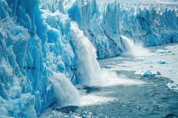 Glacier melting rapidly with streams of water and ice chunks falling ,highlighting the ice loss due to global warming,