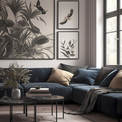 Experience the serenity of a modern home living room with marble panel walls and art featuring intricate foliage.