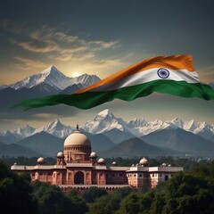 india independence day theme with picture of indian capital new delhi along with realistic india flag - obrazy, fototapety, plakaty