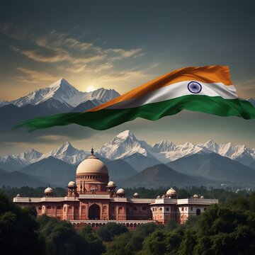 Fototapeta india independence day theme with picture of indian capital new delhi along with realistic india flag