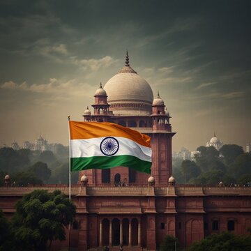india independence day theme with picture of indian capital new delhi along with realistic india flag