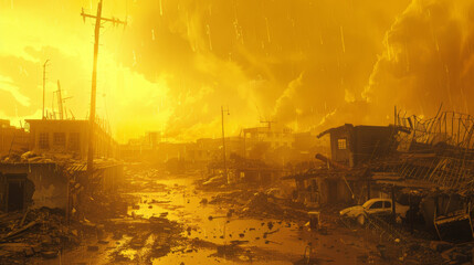 post-apocalypse picture in yellow tones, wastelands, destroyed houses - obrazy, fototapety, plakaty