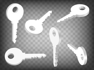 Set of 3d key on transparent background. Key 3d icon illustration with different views and angles.  Abstract concept of graphic elements for your design