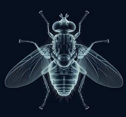 Fototapeta premium X-ray image of a fly showcasing intricate internal structure and details, isolated on a dark background.
