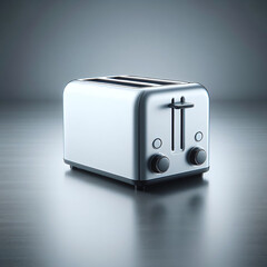 Modern stainless steel toaster on a gray background with soft shadow and reflection.