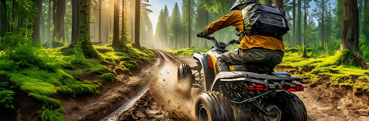 A rider on an ATV navigates a muddy forest trail. Sunlight filters through trees, creating an enchanting atmosphere.