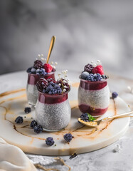 Three chia seed puddings topped with berries on a marble tray, drizzled with syrup