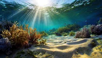 Underwater scene reveals sunlight piercing the ocean surface, illuminating coral, sand, and fish