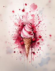 A vibrant ice cream cone amidst an explosion of red and pink splashes, suggesting a dynamic, flavorful experience